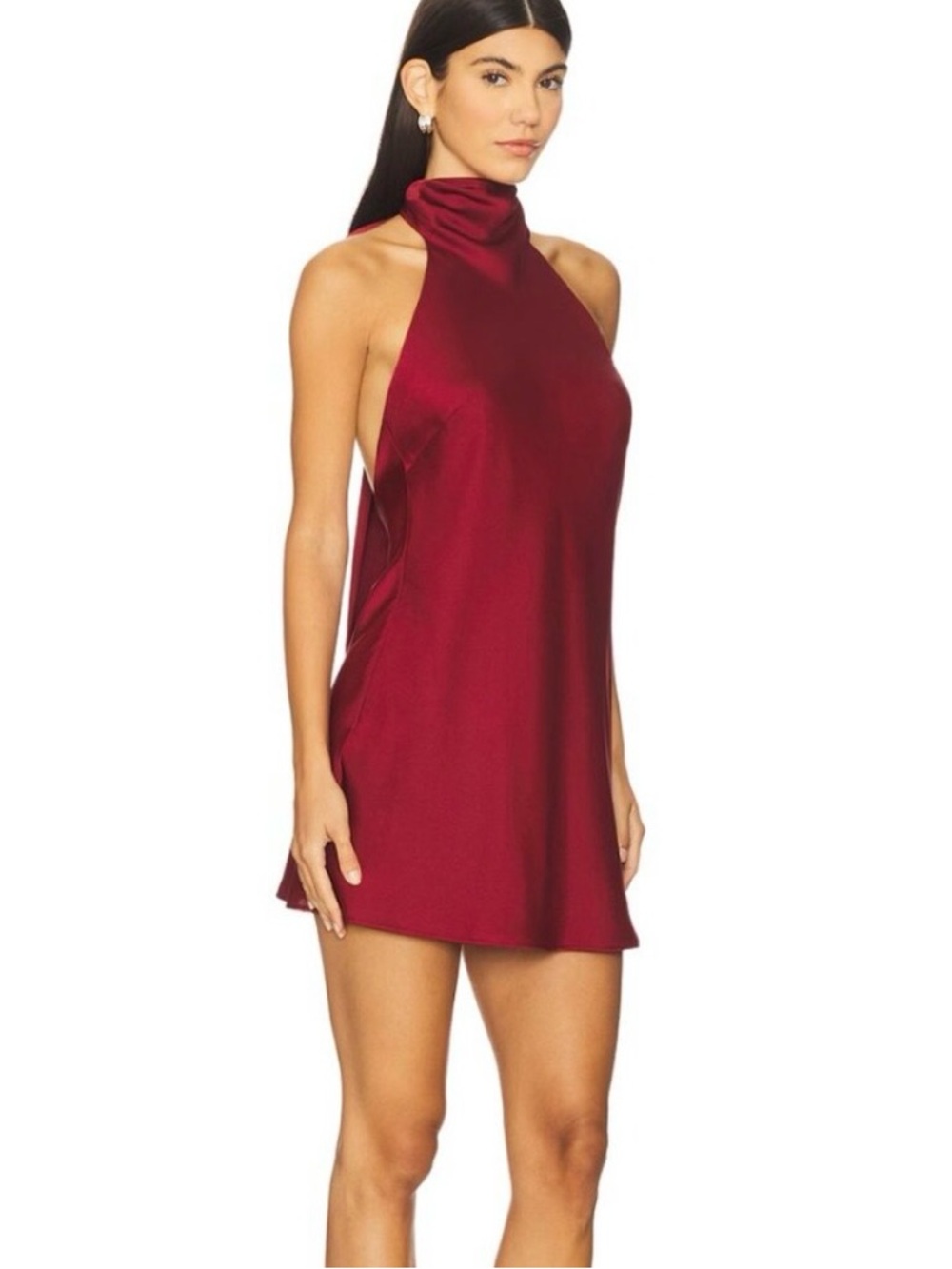 Show Me Your MuMu Lisa Backless Halter Mini Dress in Burgundy Luxe Satin